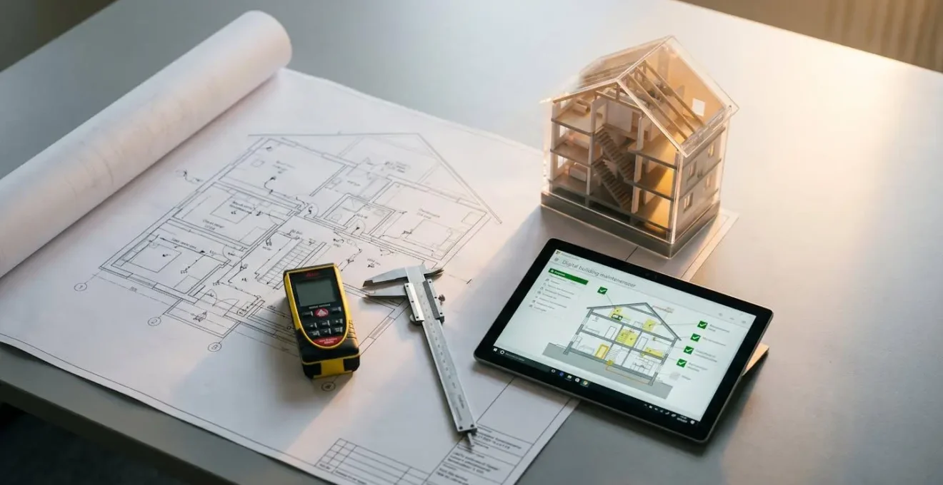 Herramientas de inspección técnica y documentos de planificación de mantenimiento de edificios sobre planos arquitectónicos
