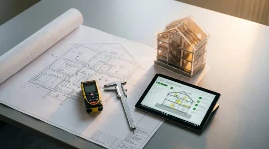 Herramientas de inspección técnica y documentos de planificación de mantenimiento de edificios sobre planos arquitectónicos
