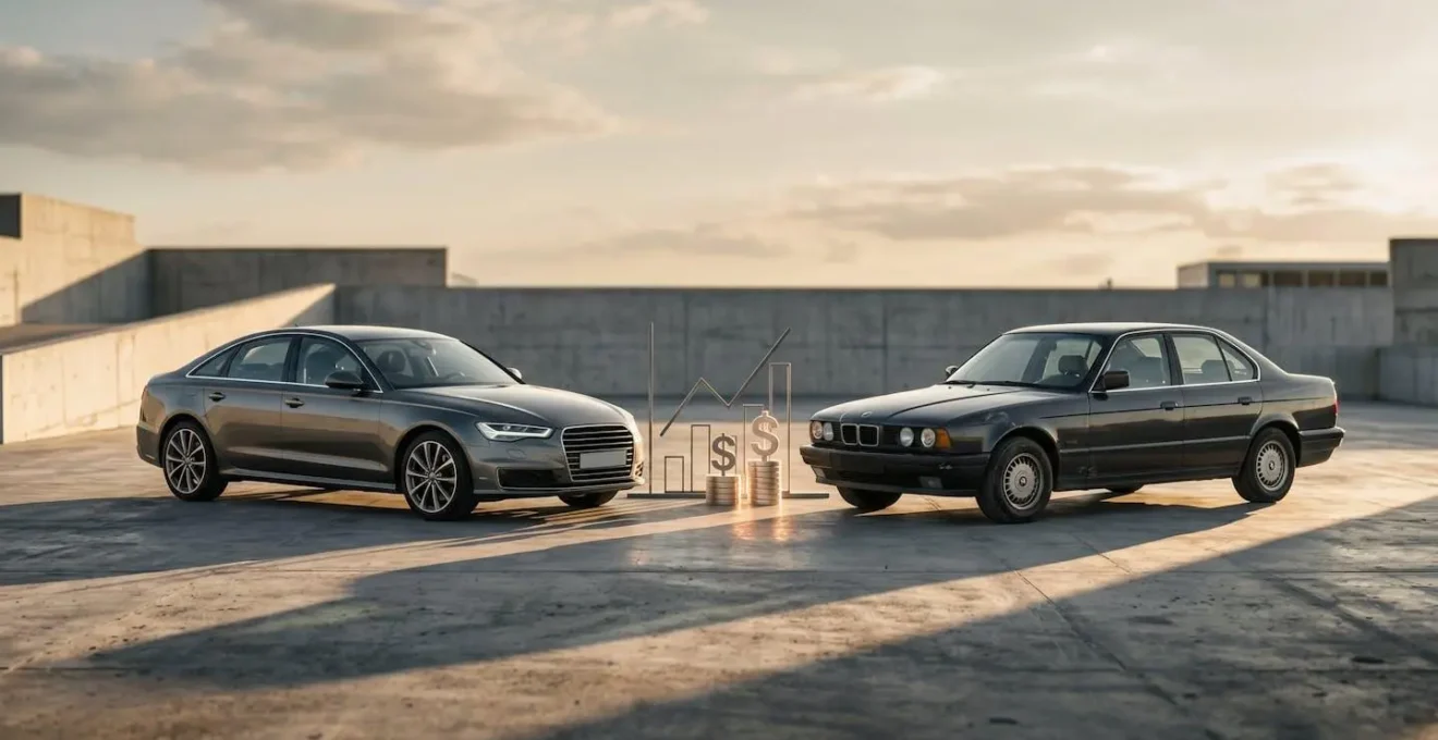 Comparativa visual entre coche nuevo y usado representando decisión financiera inteligente
