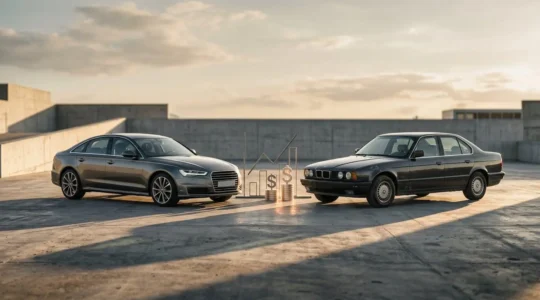 Comparativa visual entre coche nuevo y usado representando decisión financiera inteligente