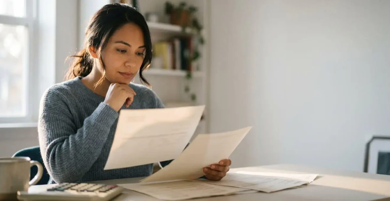 Persona revisando extractos bancarios con calculadora para reducir comisiones de cuenta corriente