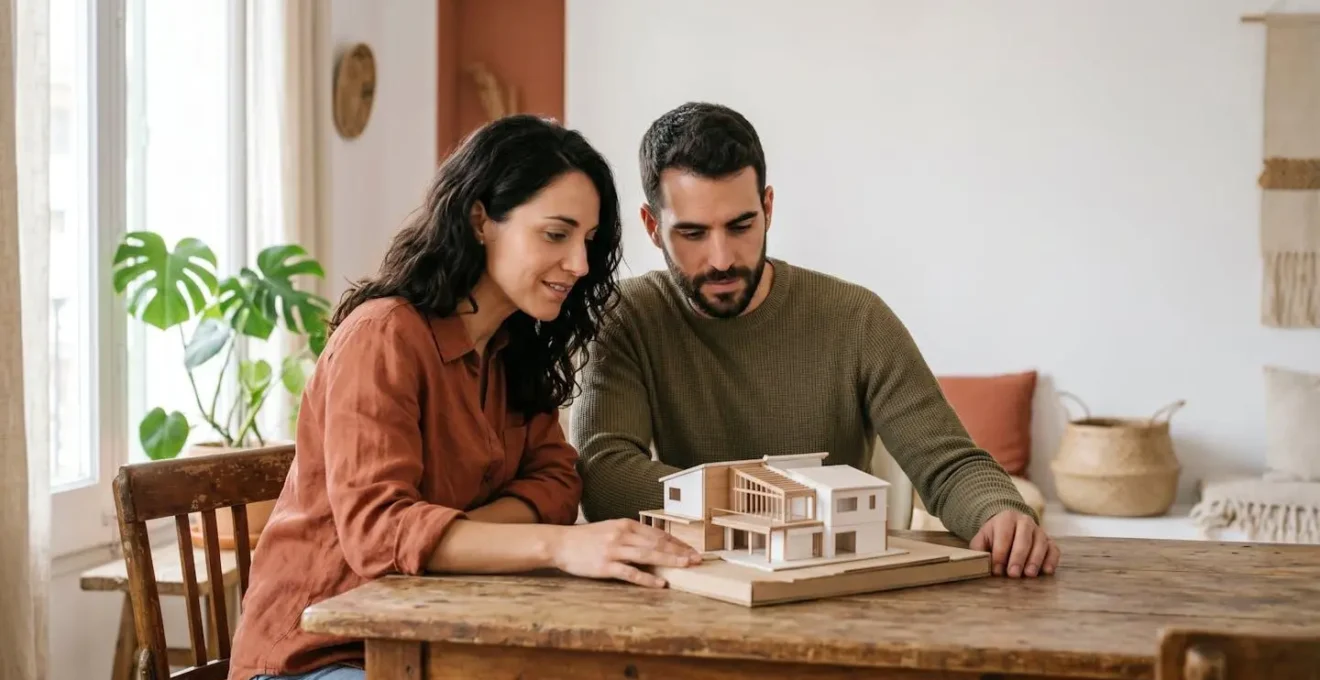Joven pareja española observando maqueta arquitectónica de vivienda sobre mesa con luz natural