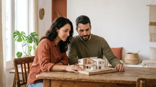 Joven pareja española observando maqueta arquitectónica de vivienda sobre mesa con luz natural