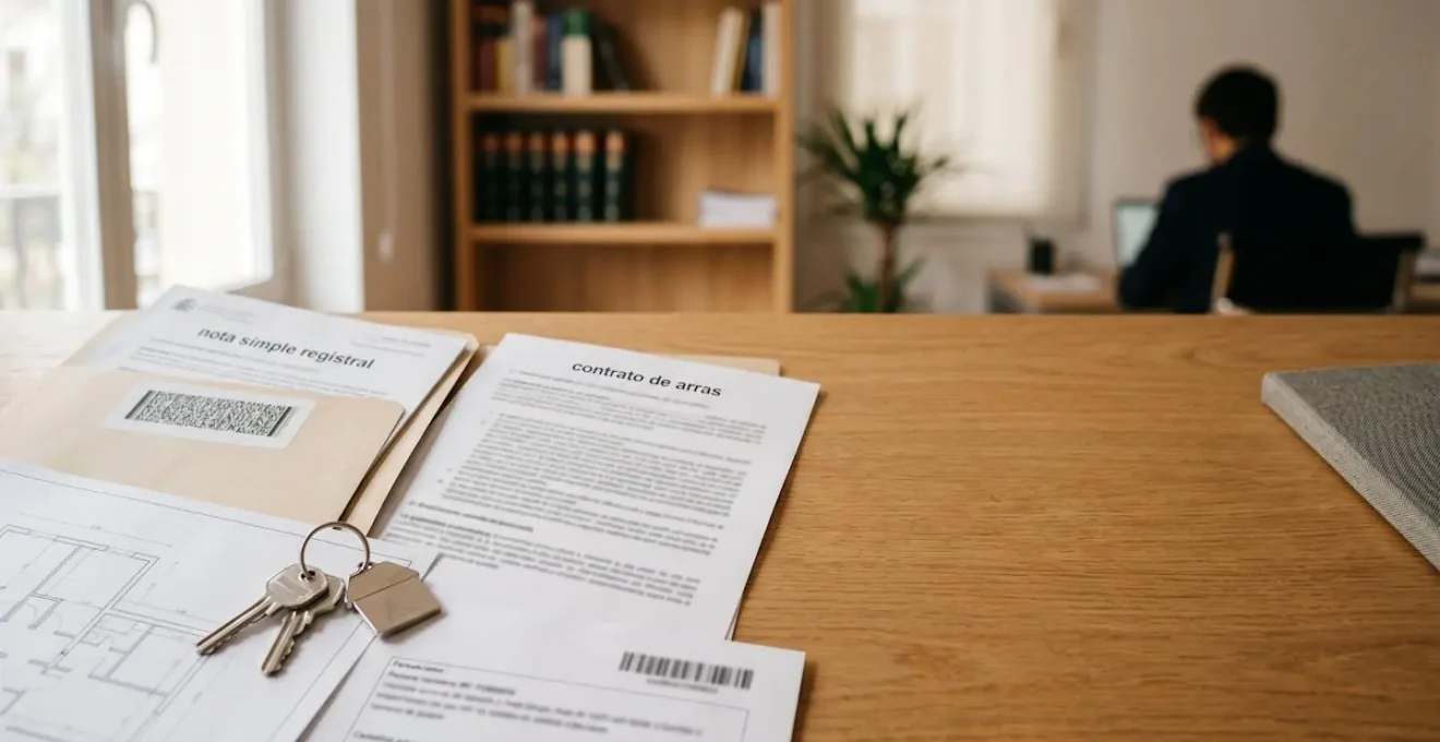 Documentos legales de compra de vivienda en España sobre mesa con llaves y contrato de arras