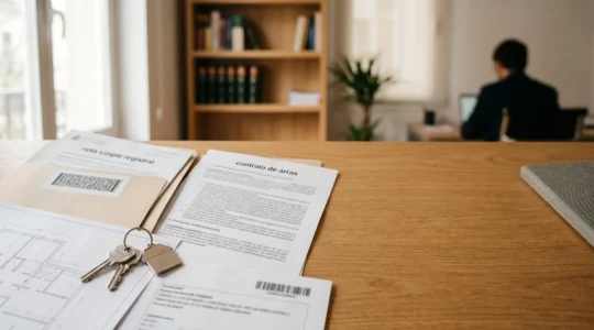 Documentos legales de compra de vivienda en España sobre mesa con llaves y contrato de arras