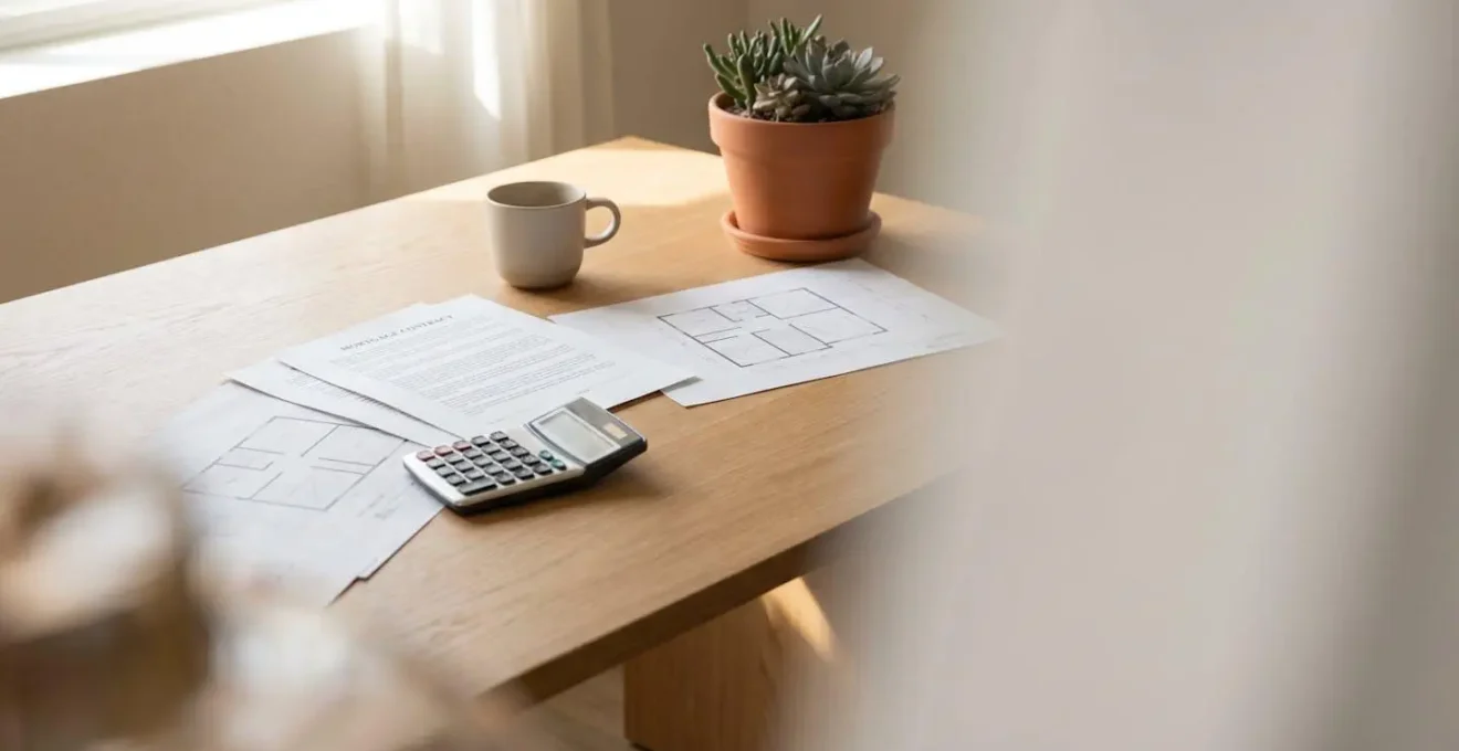 Persona evaluando opciones de hipoteca con documentos financieros y calculadora sobre mesa de madera