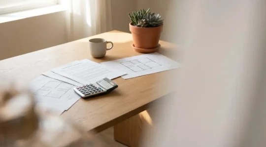 Persona evaluando opciones de hipoteca con documentos financieros y calculadora sobre mesa de madera