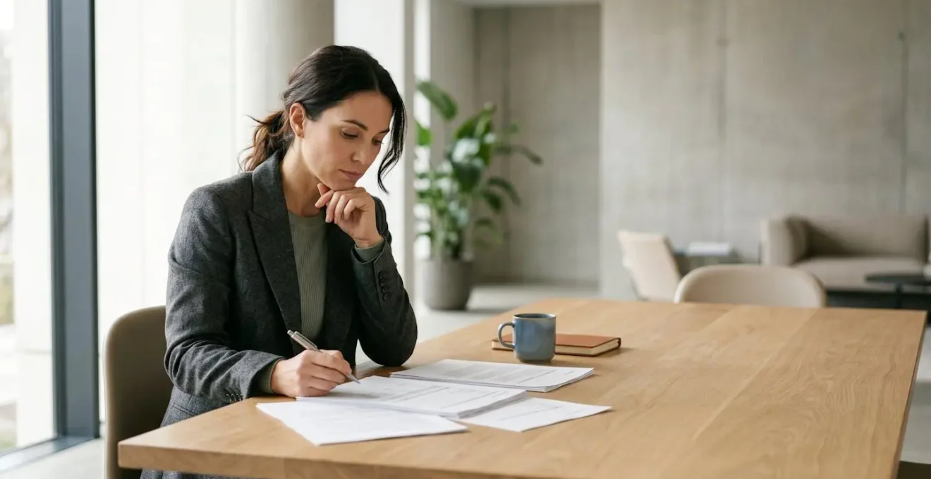 Persona evaluando documentos financieros en ambiente minimalista que transmite estabilidad y planificación