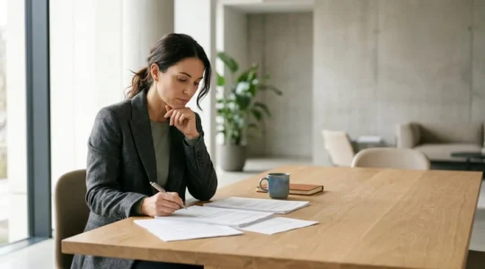 Persona evaluando documentos financieros en ambiente minimalista que transmite estabilidad y planificación