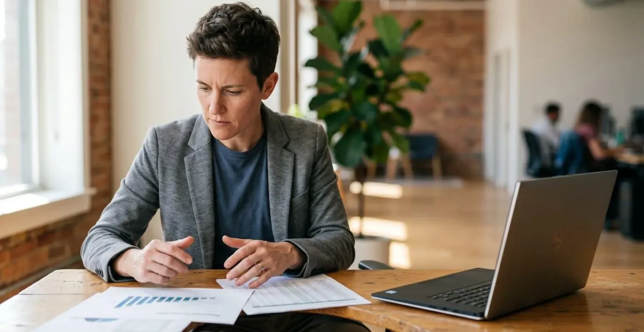 Profesional autónomo revisando documentación financiera y modelos fiscales para solicitar financiación bancaria
