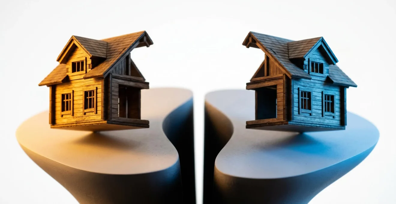 Representación simbólica de la división de la propiedad entre usufructo y nuda propiedad en una estrategia de planificación patrimonial inmobiliaria