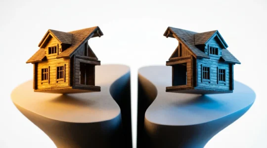 Representación simbólica de la división de la propiedad entre usufructo y nuda propiedad en una estrategia de planificación patrimonial inmobiliaria