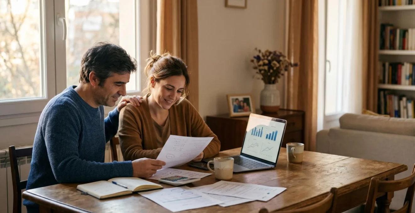 Familia española planificando objetivos financieros con documentos de ahorro e inversión sobre mesa