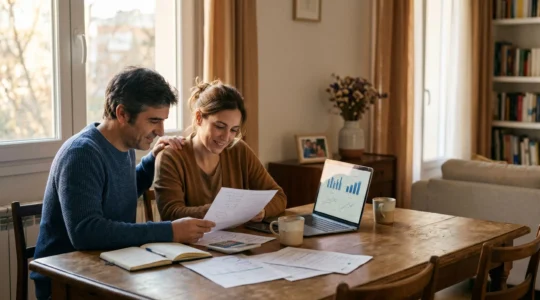 Familia española planificando objetivos financieros con documentos de ahorro e inversión sobre mesa