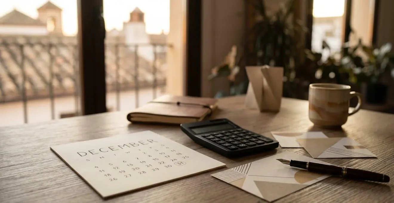 Escena conceptual de estrategia de planificación fiscal de fin de año con documentos y elementos financieros