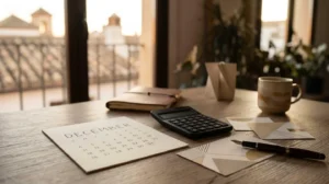 Escena conceptual de estrategia de planificación fiscal de fin de año con documentos y elementos financieros