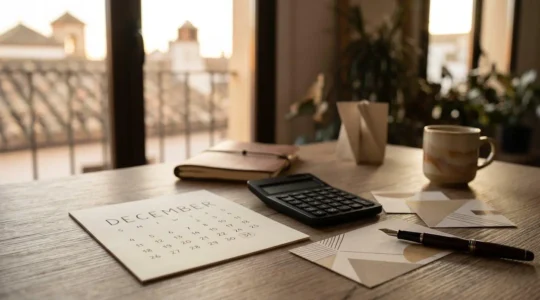 Escena conceptual de estrategia de planificación fiscal de fin de año con documentos y elementos financieros