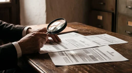 Consumidor español revisando documentación financiera con lupa destacando TAE y transparencia bancaria