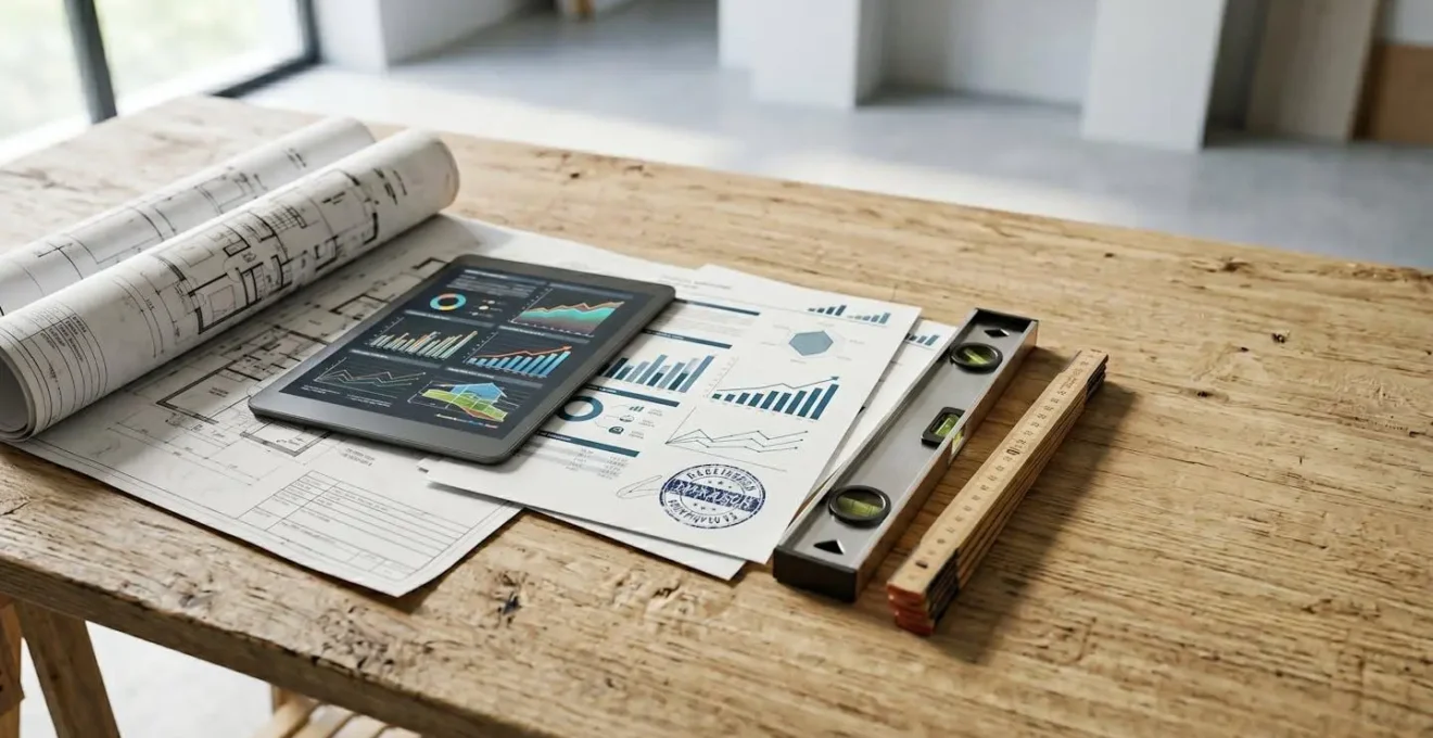 Herramientas de reforma y planos arquitectónicos sobre mesa de trabajo con documentos de tasación
