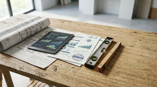 Herramientas de reforma y planos arquitectónicos sobre mesa de trabajo con documentos de tasación