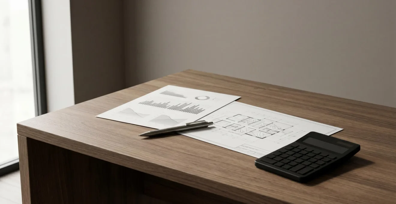 Análisis financiero de rentabilidad inmobiliaria con documentos y calculadora sobre escritorio profesional
