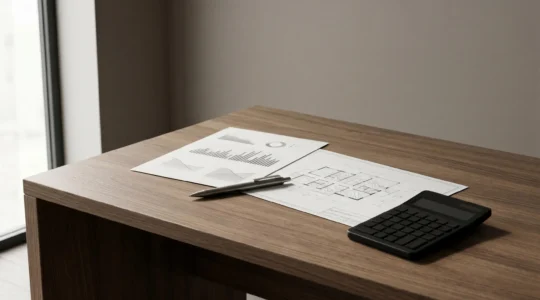 Análisis financiero de rentabilidad inmobiliaria con documentos y calculadora sobre escritorio profesional