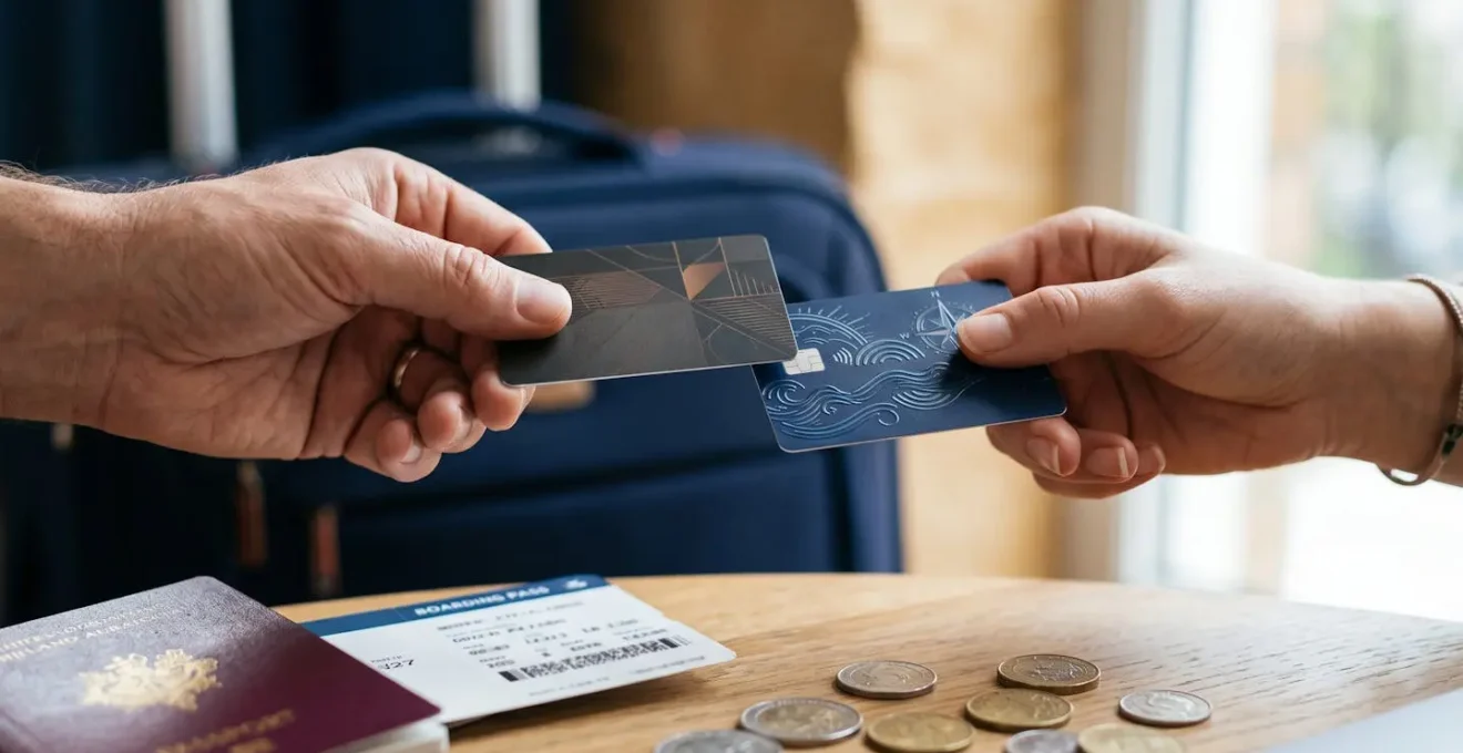 Comparación visual entre tarjeta de crédito y débito mostrando elementos de seguridad para compras digitales y viajes