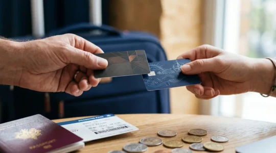 Comparación visual entre tarjeta de crédito y débito mostrando elementos de seguridad para compras digitales y viajes